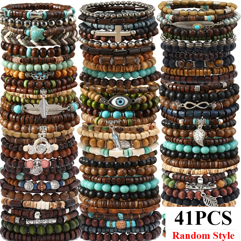 41PCS Natural Wood Elastic Bea - Bead Bracelet Men 리뷰 및 가격